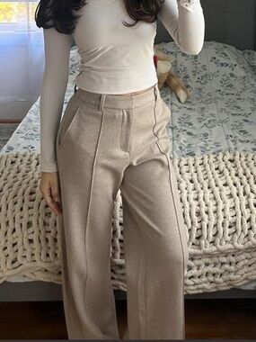 Uniqlo Beige High Waisted Tailored Trousers Wide Leg